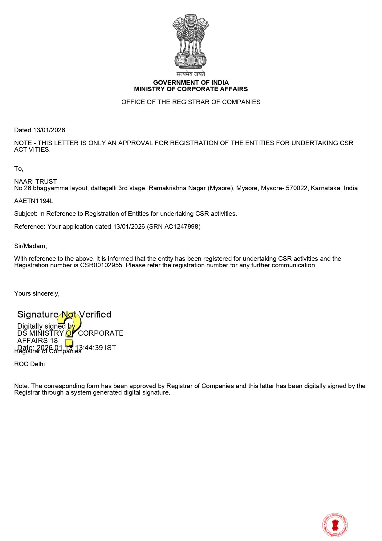 CSR Registration Certificate | Government Registered CSR NGO